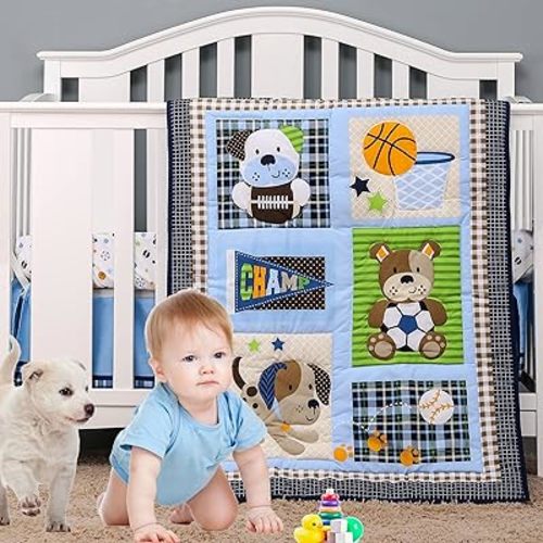 Brandream Sport Crib Bedding Sets for Boys | Champ Dogs Baseball Basketball Football | 3-Piece Patchwork Sport Baby Nursery Set Blue - Crib Quilt, Fitted Crib Sheet, Crib Skirt Included