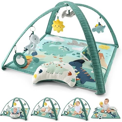 The Peanutshell Unisex Baby Play Gym & 7-in-1 Play Mat - Playmat Baby Toys 0-6, 6-12 Months Tummy Time Mat with Hanging Toys, Soft Padded Mat for Newborns, Infants - Dino
