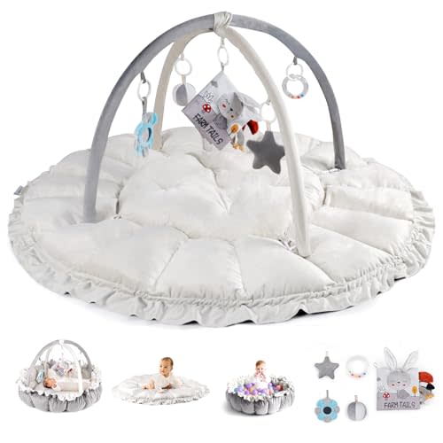 Rinnebbit Baby Play Gym Mat, Thick Padded 50" x 50" Large 6-in-1 Cozy Tummy-Time Playmat with 5 Toys, Sensory Motor Skill Development Gift, Machine Washable Activity Floor Mat for Newborn (Gray+Beige)