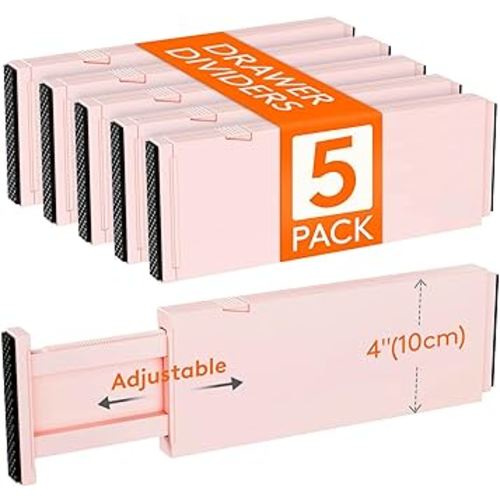 Lifewit 5 Pack Drawer Dividers Plastic 4" High, 11-17" Adjustable Drawer Organizers for Clothes, Expandable Dresser Separators in Bedroom/Bathroom/Kitchen/Office Organization and Storage, Pink