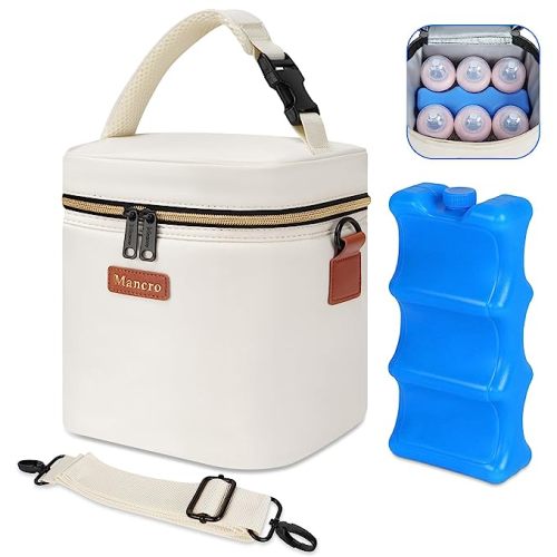 Mancro Breastmilk Cooler Bag with Ice Pack, Fits 6 Insulated Baby Bottles Up to 9 Ounce, Breast Milk Cooler for Nursing Mom (Cream)