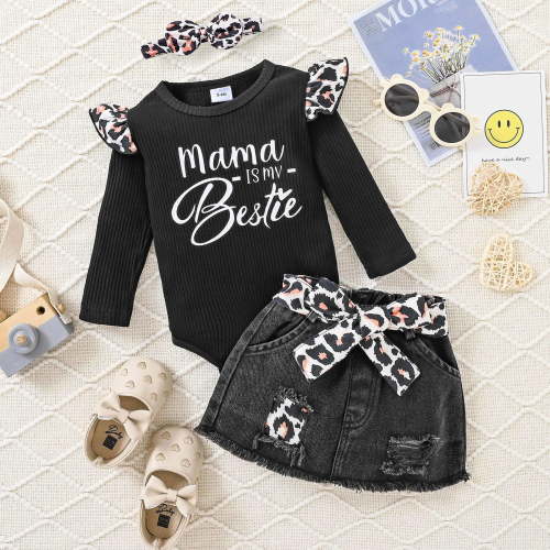 PatPat Baby Girl Outfit Set 2-Piece Ruffle Sleeve Bodysuit and Leopard Bow Denim Skirt Set0-18M
