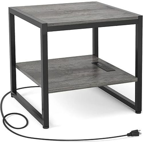 Homieasy End Table with Charging Station, 20" Mini Fridge Stand with Power Outlets, Heavy Duty Side Table for Living Room, Small Table Stand & Fridge Table, Black Oak