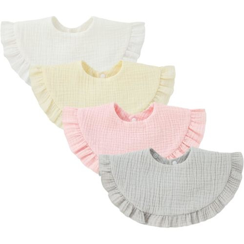 Nishine 4 pcs Unisex Baby Muslin Bandana Drool Bibs (pink yellow white gray set)