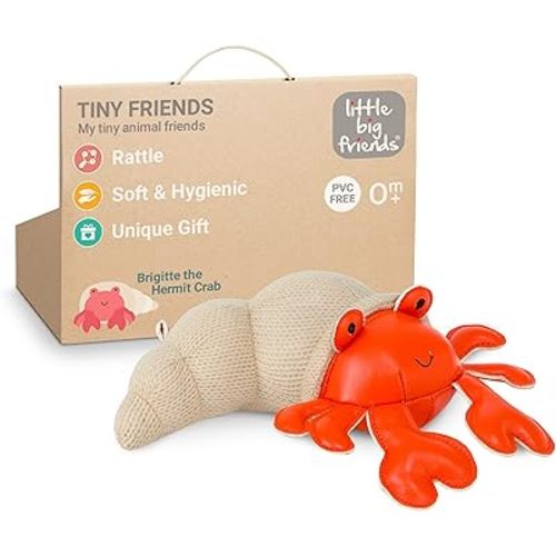 Little Big Friends Tiny Friends | Soft Baby Rattle Toy | Special Stuffed Animal | Easy to Clean | Ideal for Strollers, Car Seats, Diaper Bags | Brigitte The Hermit Crab