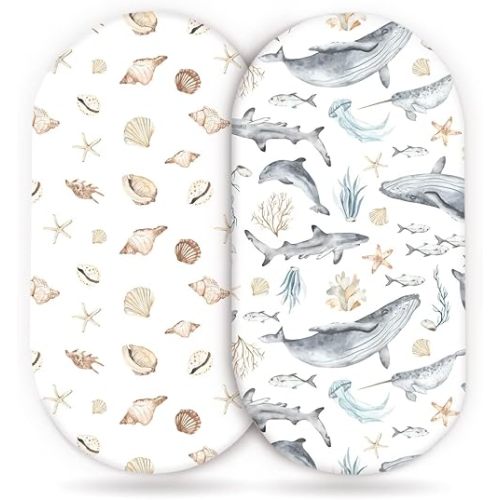 GRSSDER Stretchy Ultra Soft Fitted Bassinet Sheets Set 2 Pack, Cradle Sheet Universal Fit for Rectangle, Oval, or Hourglass Bassinet Pad/Mattress Safe and Snug, Stylish Cute Whale Sea Worl for Baby