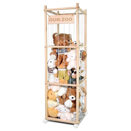 Stuffed Animal Storage, Wood Stuffed Animal Zoo Storage with Brake Wheels, Space Save Toy Organizer, Large Capacity Stuffed Animal Holder, Perfect for Nursery Playroom Kidroom Bedroom-54.3 Inch
