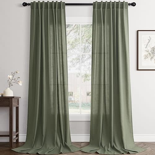 Olive Green Linen Curtains 84 inch Length 2 Panels Set Modern Farmhouse Living Room Drapes Light Filtering Rod Pocket Back Tab Filtering Privacy Semi Sheer Curtain 84 inches Long