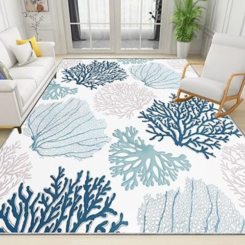 Coastal Area Rug Beach Rugs Non-Slip Nautical Coral Machine Washable Rugs Modern Floor Carpet for Bathroom Laundry Bedroom Living Room, 5x7