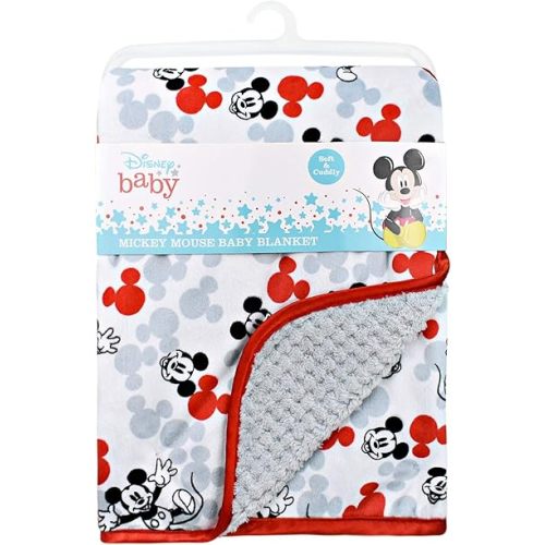 Cudlie Disney Baby Boy Mickey Mouse Double Sided Baby Blanket with Printed Mink Waffle & Satin Edge (30x40)