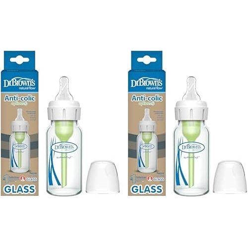 Dr. Brown's Natural Flow Anti-Colic Options+ Narrow Glass Baby Bottle, 4 oz/120 mL, with Level 1 Slow Flow Nipple, 2 Pack, 0m+