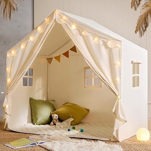 Tiny Land Kids Tent with Mat and Star Lights, Indoor Playhouse for Toddlers, 57"x36"x52" Large Reading Nook for Girls & Boys, Modern Bed Canopy for Kids Room