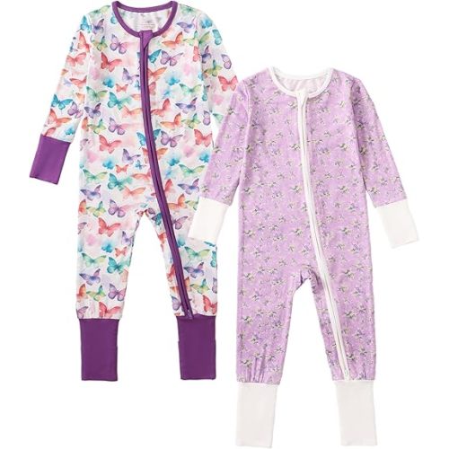 OPAWO Viscose from Bamboo Baby Pajamas Girl 2pack Mittens Cuff 2 Way Zipper Soft Footless Sleeper Baby Boy One-Piece Romper