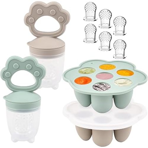 Ginbear Silicone Baby Fruit Food Feeder & Freezer Tray (Set of 2), Infant Teething Feeder Pacifiers with Baby Popsicle Molds Combo 4 Months+ (Hazy Green/Almond)