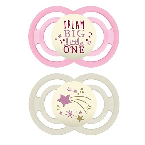 MAM Perfect Night Baby Pacifier, Patented Nipple, Glows in the Dark, 6-16 Months, Girl, 2 Count (Pack of 1)