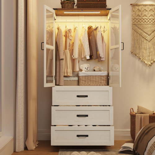 75" H Wardrobe Closet with LED Light & Glass Door, Modern Armoire Wardrobe Closet with 3 Drawers & Hanging Rail, Armoire Clothing Organizer for Bedroom