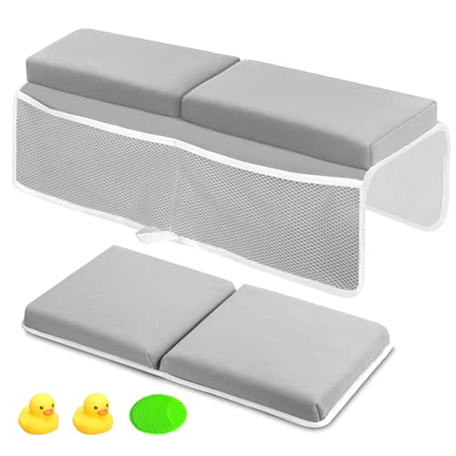 Baby Bath Kneeler and Elbow Rest Pad Set, Knee Pad for Bathing Babies with Knee & Arm Support, Foldable Non-Slip Bathtub Mat with Toys Organizer