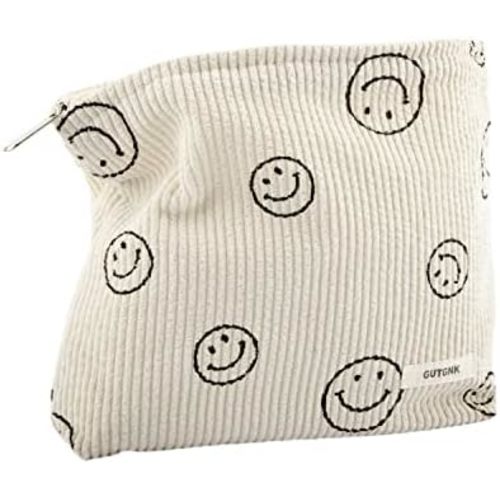 GUTGNK Makeup Bag For Women - Corduroy Cosmetic Bags Aesthetic Design Ladies Tote Bag,Women's Pencil Case,Cute Smiley Face Makeup Organizer with Zipper (Beige)