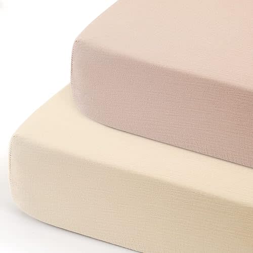 GRSSDER Soft Muslin Crib Sheet 2 Pack, 100% Cotton Crib Sheets for Boys and Girls, Fit Standard Crib Mattresses 52" x 28" Safe and Snug, Beige/Natural