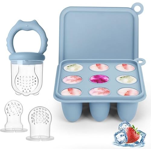 Baby Fruit Food Feeder Breastmilk Popsicle Molds, Silicone Food Freezer Tray for Cooling Teething Relief, Baby Food Feeder for Safe Infant Self Feeding, Includes 3 Extra Food Pacifier