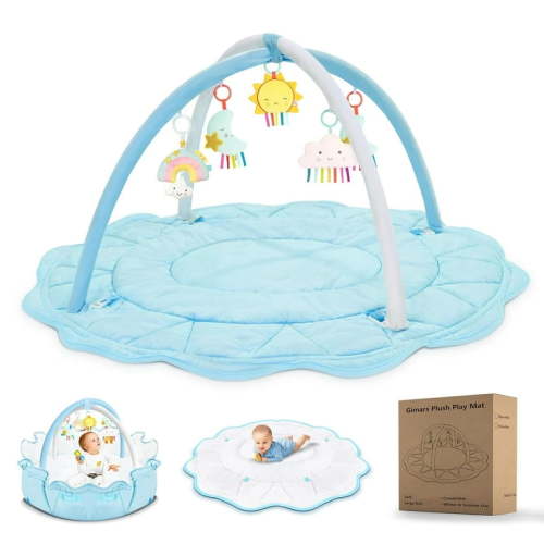 Gimars Extra Large Plush Baby Play Gym, Stage-Based Developmental Baby Activity Mat, Washable Baby Play Gym Mat for Baby Tummy Time for Newborn, Infant, Blue
