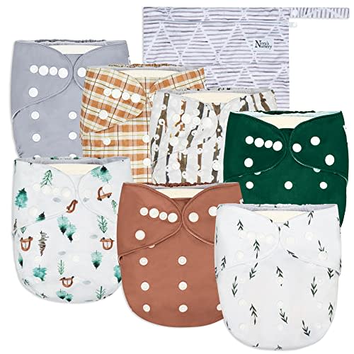 Nora's Nursery Cloth Diapers 7 Pack with 7 Bamboo Inserts & 1 Wet Bag - Waterproof Cover, Washable, Reusable & One Size Adjustable Pocket Diapers for Newborns and Toddlers - Woodlands