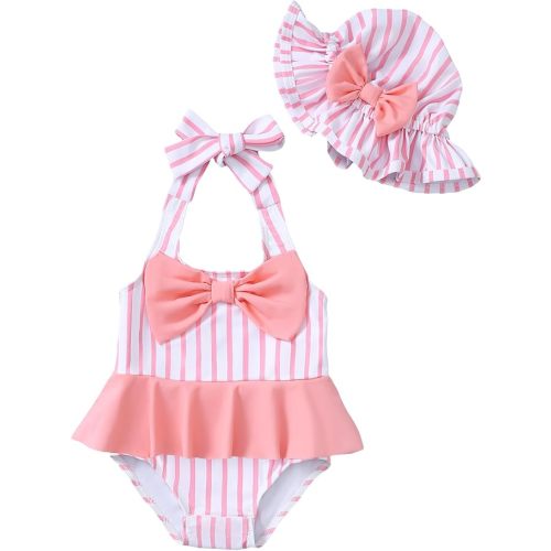Kucnuzki Baby Girl Swimsuit Newborn One Piece Bathing Suit Bow Tie Bikini Tankini Infant Swimwear with Hat