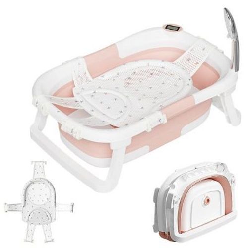 Napei Collapsible Baby Bathtub for Infants and Toddlers with Bath Net and Thermometer-Pink