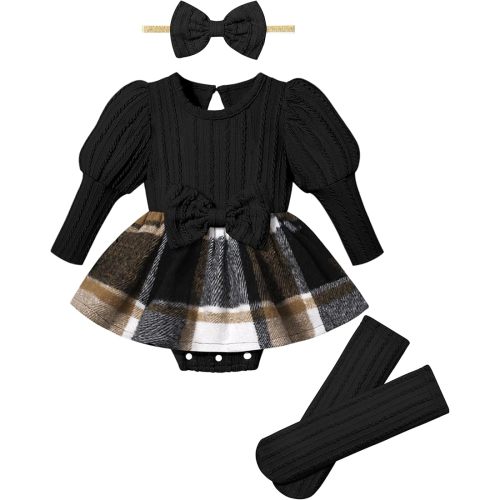 KANGKANG Baby Girl Outfits, Bubble Long Sleeve Romper Plaid Dresses + Socks + Headband Baby Girl Fall Winter Outfits