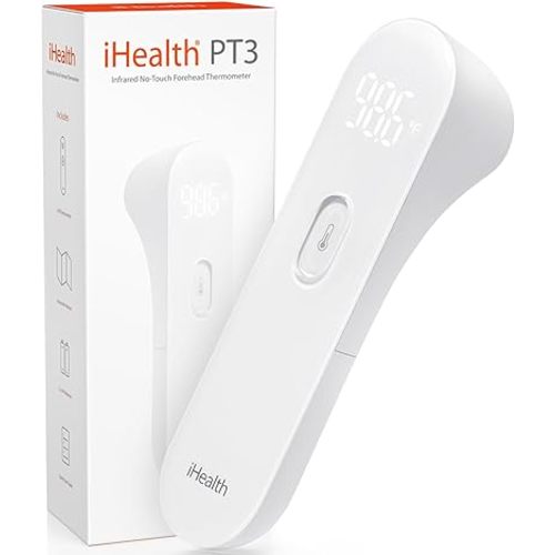 iHealth No-Touch Forehead Thermometer, Infrared Digital Thermometer for Adults and Kids, Touchless Baby Thermometer, 3 Ultra-Sensitive Sensors, Large LED Digits, Quiet Vibration Feedback, Non Contact