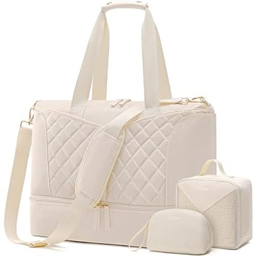 ETRONIK Weekender Bag for Women, Large Duffle Bag 3 Pcs Set with USB Charging Port, Travel Duffle Bag with Shoe Compartment, Carry on Bag Overnight Bag for Women Travel Gym, Beige