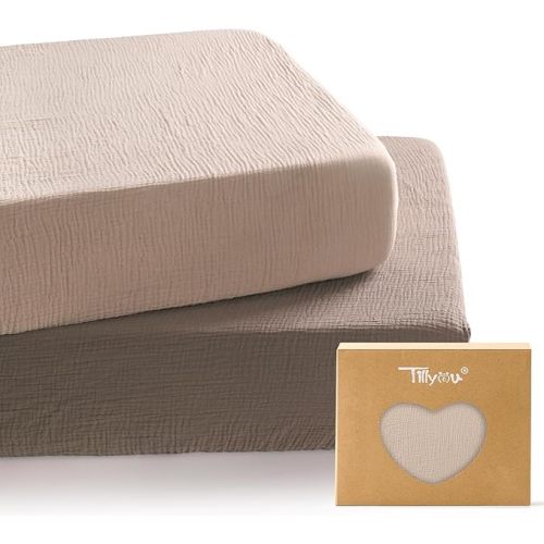 TILLYOU 2 Pack Muslin Crib Sheet for Boys and Girls - 100% Cotton Fitted Crib Sheet for Toddler Standard Crib Mattress, Soft and Breathable, 52"x28", Forest Green&Light Green