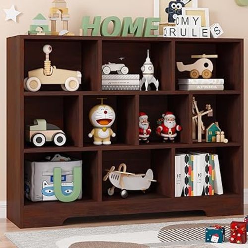 Book Shelf for Kids, 10 Cubes Storage Organizer Montessori Bookshelf, 3-Tier Wooden Kids Bookcase, Toy Storage Organizer for Children, Cherry Toddler Bookshelf Cube Shelf for Kid’s Room, Classroom