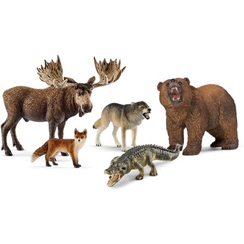 Schleich Wild Life - 5PC North American Animal Figurine Bundle - Realistic Moose, Wolf, Fox, Alligator, and Grizzly Bear Figures - Educational Toys for Kids for Screen-Free Play - 3+ | 77417