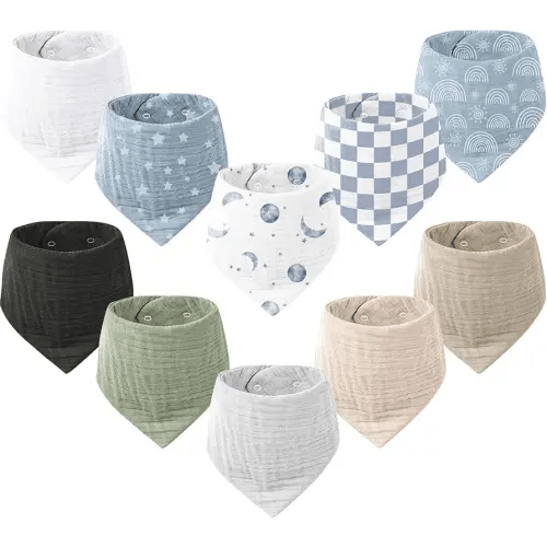 Konssy Muslin Baby Bibs 10 Pack Baby Bandana Drool Bibs 100% Cotton for Unisex Boys and Girls, Soft Absorbent Set for Teething and Drooling