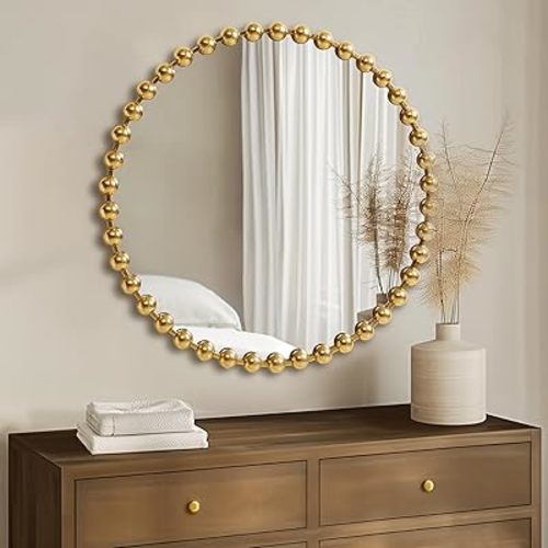 MADISON PARK SIGNATURE Wall Décor Marlowe Metal Spherical Frame Round Mirror for Living Room - Home Accent, Ready to Hang Bedroom Decoration, 36" Diameter, Gold