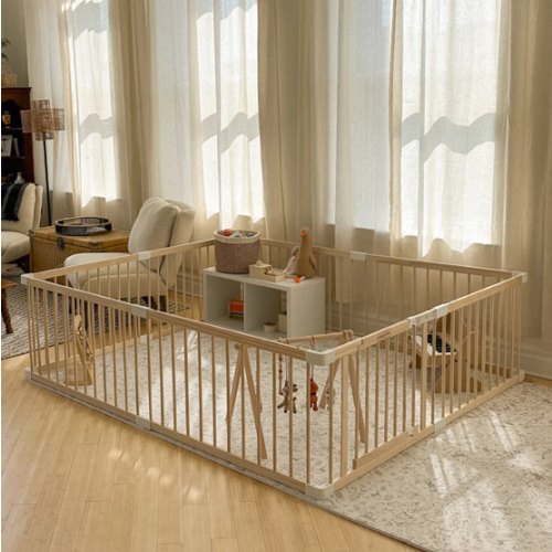 HARPPA Wooden Baby Gate Playpen | Non-Toxic Foldable DIY Adjustable Play Yard for Infants & Toddlers – Natural Finish Baby Fence for Small & Large Spaces