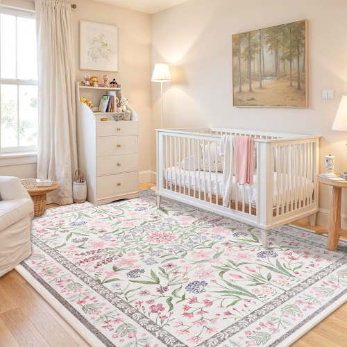 Astorug 6x9 Ft Pink Floral Area Rug - Machine Washable Low Pile Non-Slip Carpet, Boho Vintage Farmhouse Decor for Living Room, Bedroom, Nursery & Office