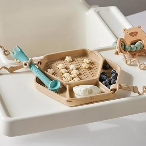 SmackFun - All-in-one Plate + Toy Straps Attachment System - Divided Silicone Suction Plate for Babies + Toddlers - First Foods + Self-Feeding. Comes with 2 Straps (Shifting Sand)