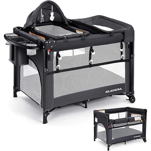 ELEMARA 5 in 1 Pack n Play,Baby Bedside Bassinet Sleeper with 4 Adjustable Height,1-Step Opening Foldable Nursery-Center Baby Playpen,Changing Table,Ziper Door/Baby Crib,Travel Carry Bag,Gray