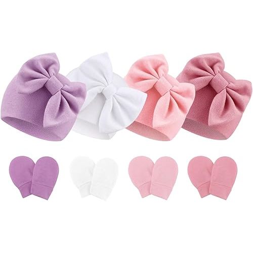 BQUBO Newborn Baby Hats Mittens Set Hospital Hat Beanie Infant Bow Hats Baby Gloves No Scratch Mittens for 0-6 Months