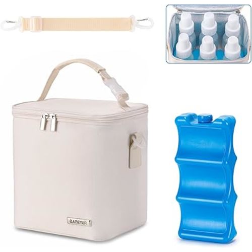 Breastmilk Cooler Bag with Ice Pack Fits 6 Baby Bottles Up to 9 Ounce, Baby Bottle Bag with Shoulder Strap for Nursing Mom Daycare, Cream