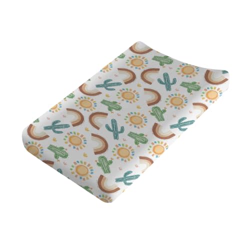 Boho Western Desert Baby Changing Pad Covers for Boy Girl 32''x16'' Green Cactus Rainbow Sun Fitted Diaper Changing Table Mats Desert Plants Landscape Soft Breathable Nursery Cradle & Bassinet Sheets