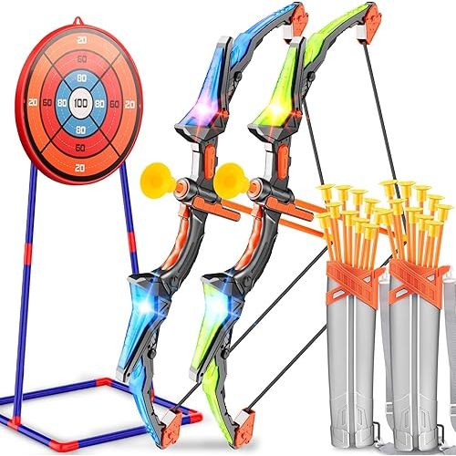 Bigdream Bow and Arrow Set for Kids, Bow and Arrow Toys for 5 6 7 8 9 10 11 12 13 14 Year Old Kids Boys Girls, 2 Pack LED Archery Set with Standing Target, Kids Indoor Outdoor Games Birthday Gifts