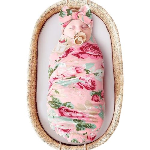 DRESHOW BQUBO Newborn Floral Receiving Blankets Newborn Baby Swaddling with Headband Set Warm Shower Gift