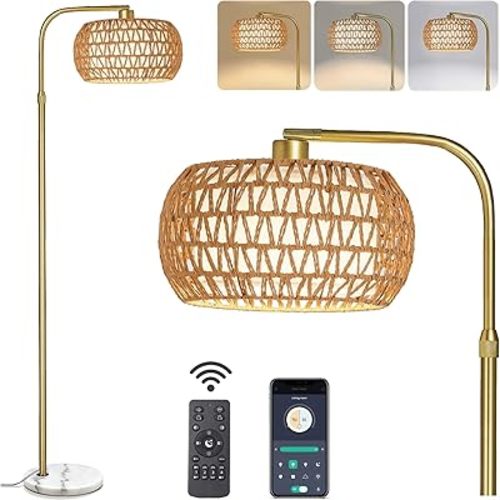 Marble Gold Floor Lamp with Remote Control, Boho Rattan Floor Lamp for Living Room with 3 Color Temperatures, Adjustable Modern Arc Tall Lamp for Bedroom, Gold Standing Lamp Rattan Decor