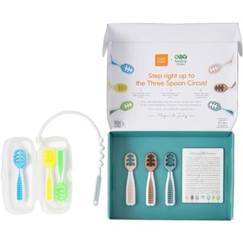 NumNum Baby Spoons Set, Feeding Littles x Silicone Pre-Spoon GOOtensils for Kids Aged 6+ Months - First Stage, Baby Led Weaning (BLW), Teething Spoon - Gift Set + Travel Case - 6 Spoons, Neon