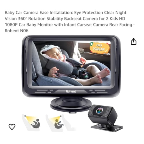 Baby Car Camera Ease Installation: Eye Protection Clear Night Vision 360° Rotation Stability Backseat Camera for 2 Kids HD 1080P Car Baby Monitor with Infant Carseat Camera Rear Facing -Rohent N06