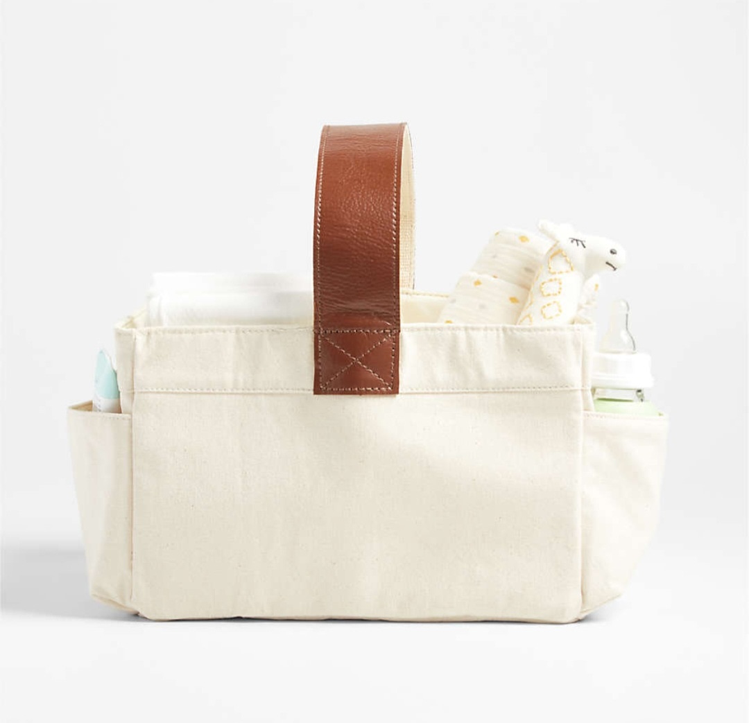 Canvas Diaper Caddy Organizer with Brown Leather Handle