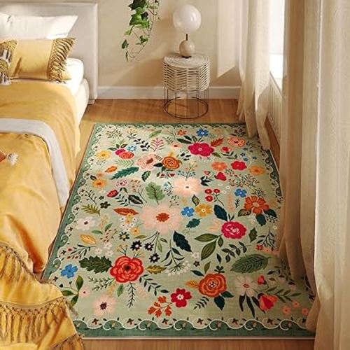 Bedroom Rug 3x5 Rug Washable Area Rug Non Slip Low Pile Boho Floral Small Carpet for Bedroom, Bedside, Kitchen, Entryway, Kids Room, Office, College Dorm Essentials for Girls(Green)